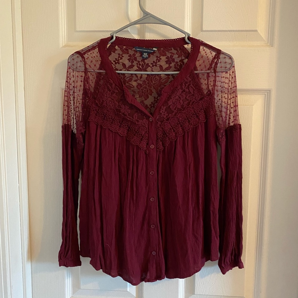 American Eagle Top XS Burgundy peasant Sleeve Boho